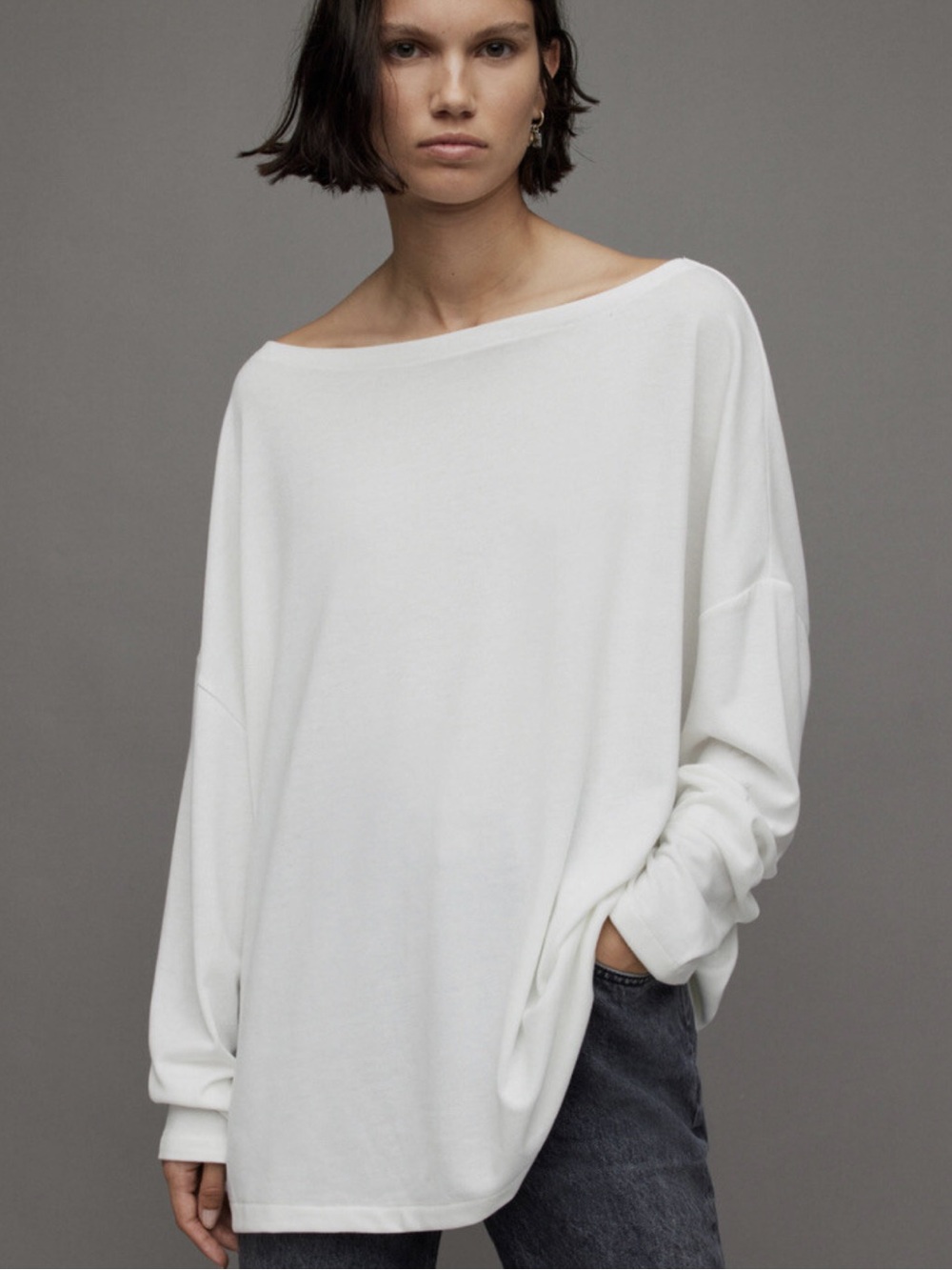 AllSaints Rita Oversized White Off-Shoulder Top